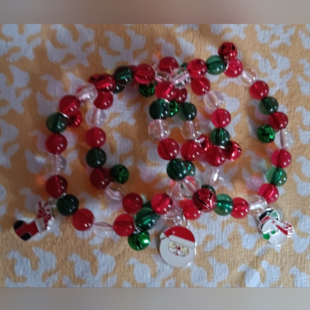 Bracelets Christmas Holiday Santa, Snowman, Stocking Beads Stretchy Fun Colorful